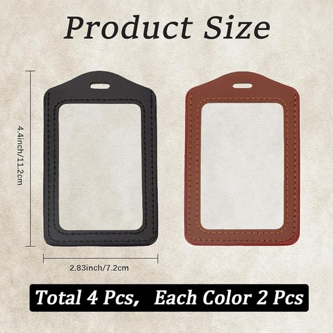 4PCS Doubel Sided PU Leather Badge Holder with Clear Window 2 Colors Vertical ID Card Case Waterproof Leather Photocard Protector Name Badge Pouch for Office Staff Students School