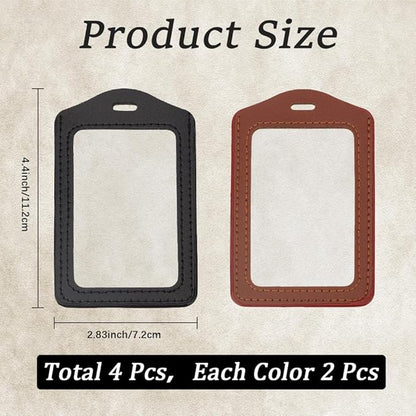 4PCS Doubel Sided PU Leather Badge Holder with Clear Window 2 Colors Vertical ID Card Case Waterproof Leather Photocard Protector Name Badge Pouch for Office Staff Students School