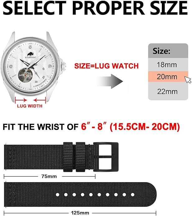 BISONSTRAP Men’s Nylon Watch Bands, Two-Piece Military Watch Straps, Quick Release, Brushed Buckle, Band Width 18mm 19mm 20mm 22mm