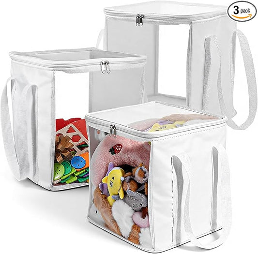 3 Pack Large Storage Bins, Foldable PVC Organizer Box with Transparent Lid & Handles, Multi-Purpose Toy Clothes Books Home Decor Storage (White, 12 Inch)