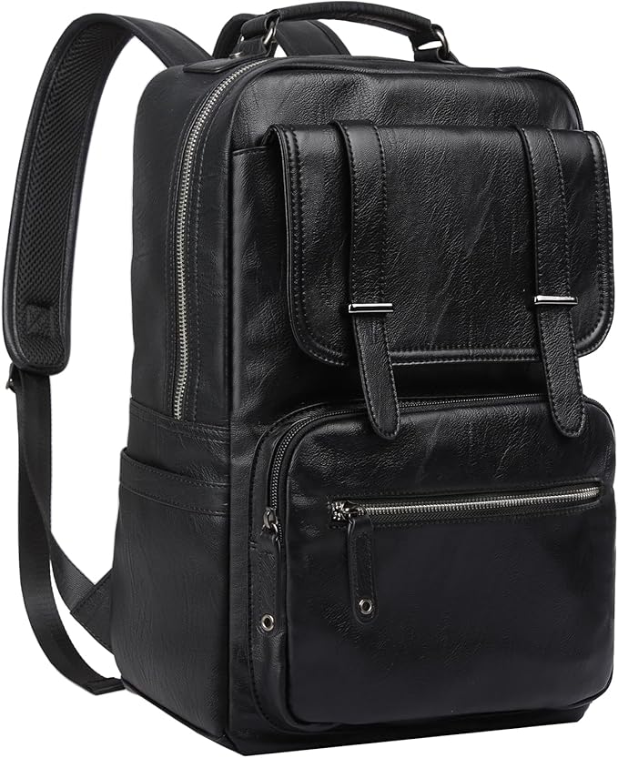 MOYYI Black Leather Backpack for Men Waterproof Fit 15.6 inch Laptop Backpack Work Commute Casual Daypack
