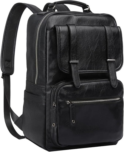 MOYYI Black Leather Backpack for Men Waterproof Fit 15.6 inch Laptop Backpack Work Commute Casual Daypack