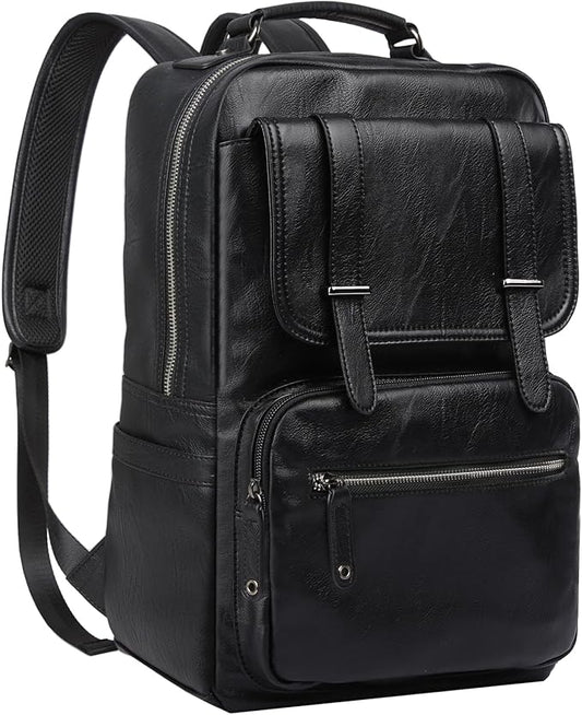 MOYYI Black Leather Backpack for Men Waterproof Fit 15.6 inch Laptop Backpack Work Commute Casual Daypack