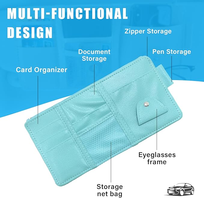 Augeny Car Sun Visor Organizer, Leather Personal Belonging Storage Pouch with Zipper, Car Visor Storage Pouch Sunglasses Holder, Auto Interior Accessories Pocket Organizers (Blue)