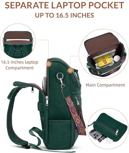 SYTRAH Leather Laptop Backpack for Women Designer Laptop Bag, 16.5 inch Travel Computer Backpacks Purse with Tassel for Work Business with Satchel Purse Green