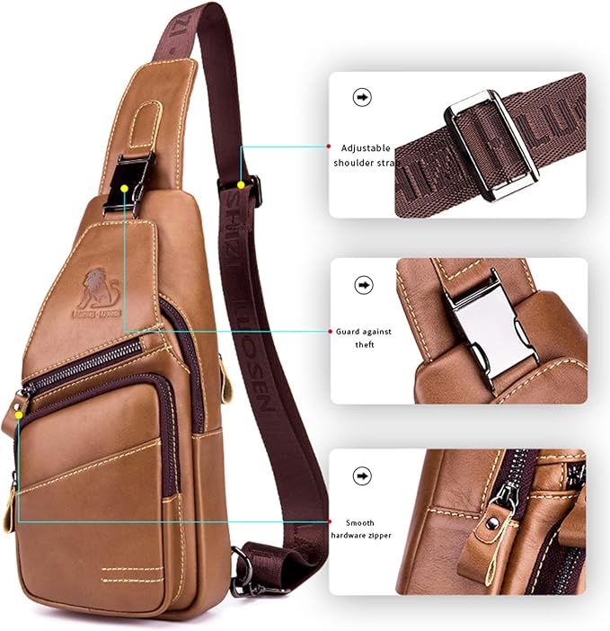 Pundarika Leather Sling Bag for Men - Crossbody Shoulder & Chest Bag; Multifunctional Travel & Hiking Backpack - Black