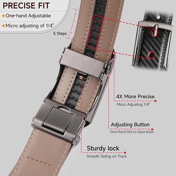 GAEKEAO Ratchet Belts for Men Dress Casual 1 3/12" Adjustable Genuine Leather Slide Buckle Designer Belt with Box Trim to Fit