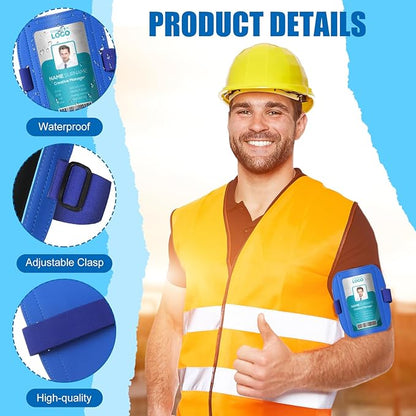 Geelin 2 Pcs Arm Badge Holder for Men Leather ID Armband Adjustable Badge Holder with Elastic Arm Band Waterproof Ski Pass Armband for Work Postcards Office Business Supplies(Blue)