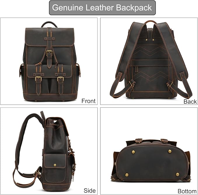 LUUFAN Genuine Leather Backpack for Men Casual Laptop Shoulder Bag Rucksack with Anti-Theft Pocket Travel Daypack, Dark Brown