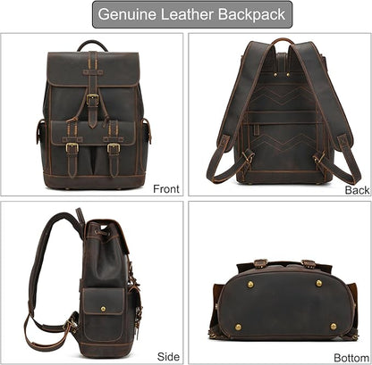 LUUFAN Genuine Leather Backpack for Men Casual Laptop Shoulder Bag Rucksack with Anti-Theft Pocket Travel Daypack, Dark Brown