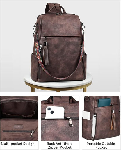 FADEON Leather Laptop Backpack for Women Designer 15.6 inch PU Laptop Bag, Ladies Travel Computer Work Backpack Coffee Brown