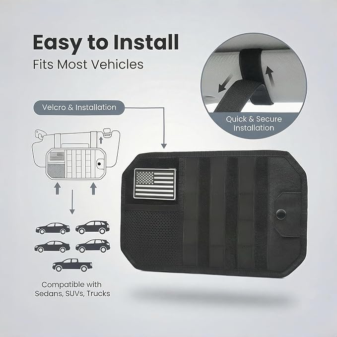 Car Sun Visor Organizer | Multi-Pocket Storage Pouch for SUVs & Trucks | Black Organizer with Double Zippers, Elastic Bands & Glasses Clip | 12.8x7x1.2 Inch