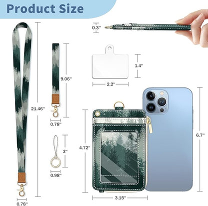 Misty Forest Lanyard Wallet with Id Badge Holder, Small Keychain RFID Wallet Women, Zipper Credit Card Holder Phone Wrist Wristlet Neck Strap for Key Name Tag, Teacher Student Office Gifts