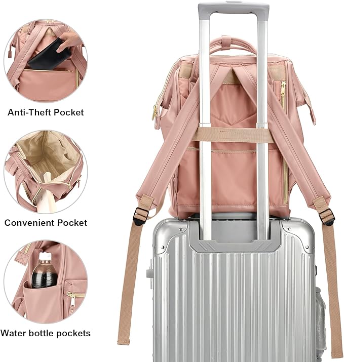 Kah&Kee Leather Backpack for Women and Men 15-inch Laptop Bag | Teacher Professional, Diaper Bag Backpack, Ideal for Work, School, Nurse, College & Travel (Tan Pink II, Medium)