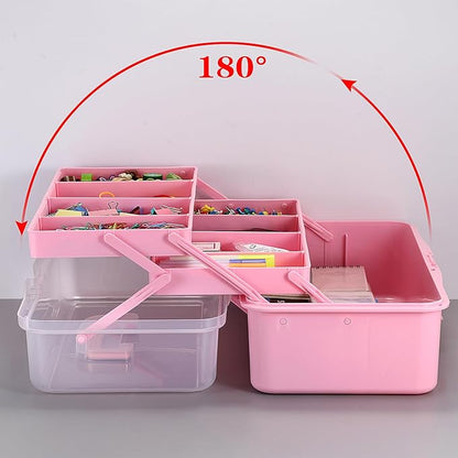Tackle Box, 16-Inch Extra Large Art Storage Box with 3-Layer Folding Trays, Multipurpose Craft Organizers and Storage w/ Adjustable Dividers, Portable Tool Box for Sewing Supplies,Medicine &Cosmetics