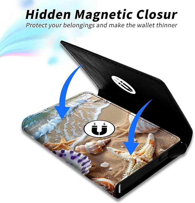 Beach Minimalist Wallet for Men Tarjeteros de hombres, Pop Up Card Case Wallet for Women, PU Leather Automatic Credit Card Holder Metal Money Clip Wallet RFID Blocking Bifold Pocket Wallet
