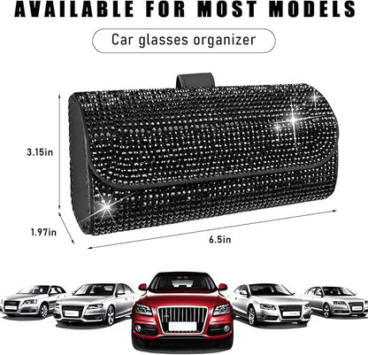 Ohleats Bling Sunglasses Holder for Sun Visor, Sparkling Glasses Sun Visor Organizer Case with Hidden Magnetic Closure, Auto Visor Crystal Eyeglasses Storage Case, Car Accessories (Bling Black)