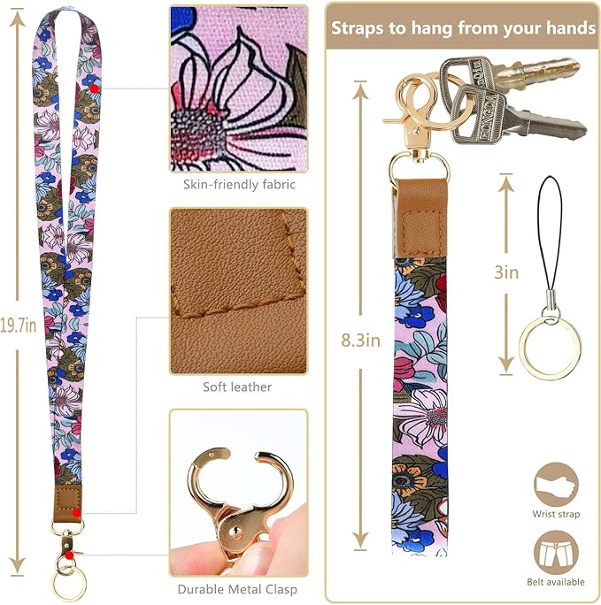 bolimoss 2-in-1 Floral Lanyard Wallet & ID Badge Holder, Vertical Leather ID Card Name Badge Holders with Small Zip ID Case Breakaway Wristlet & Cute Neck Lanyard for Offices, Woker, Teacher, Students