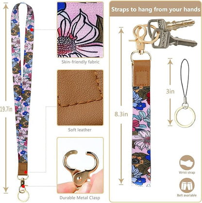 bolimoss 2-in-1 Floral Lanyard Wallet & ID Badge Holder, Vertical Leather ID Card Name Badge Holders with Small Zip ID Case Breakaway Wristlet & Cute Neck Lanyard for Offices, Woker, Teacher, Students