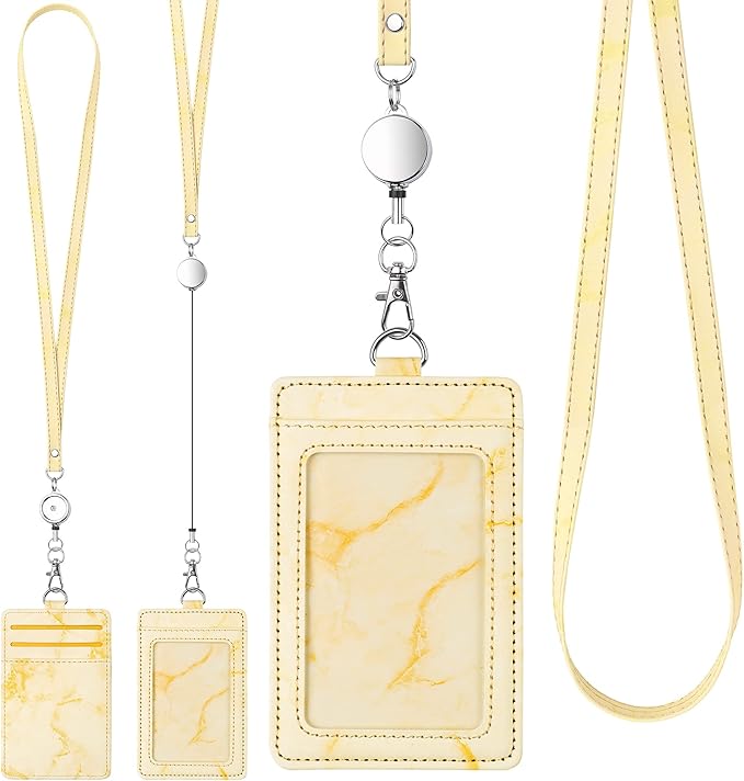 ID Badge Holder with Lanyard Marble Pattern Retractable Badge Holder PU Leather with Clear ID Window 1 Credit Card Case Name Badge Keychain Tags Protector for Women Nurse Teacher Office (Yellow)