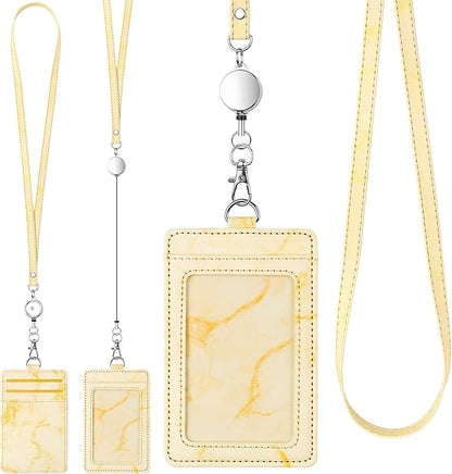 ID Badge Holder with Lanyard Marble Pattern Retractable Badge Holder PU Leather with Clear ID Window 1 Credit Card Case Name Badge Keychain Tags Protector for Women Nurse Teacher Office (Yellow)