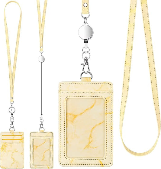 ID Badge Holder with Lanyard Marble Pattern Retractable Badge Holder PU Leather with Clear ID Window 1 Credit Card Case Name Badge Keychain Tags Protector for Women Nurse Teacher Office (Yellow)