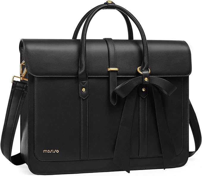 MOSISO Laptop Bag for Women, 15-15.6 inch PU Leather Laptop Shoulder Bags Convertible Backpack, 16 inch Messenger Bags Casual Handbag Work Briefcase Travel Computer Bag with Bowknot, Black
