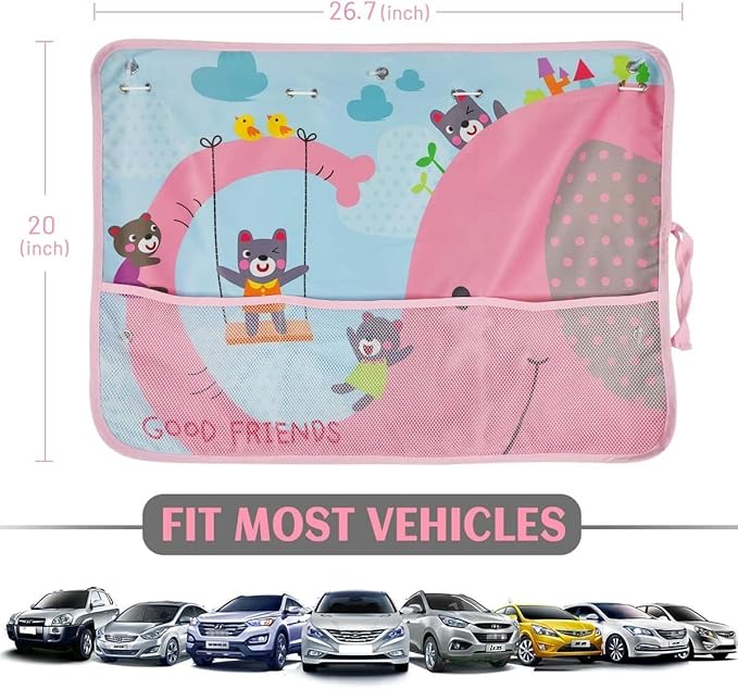 DIZA100 Car Sun Shade for Window Baby, 2 Pack Full Shade Window Shades with Storage Net Pocket, 7 Suction Cups, Cute Elephant for Sun/Heat/UV Rays Protection, Kids