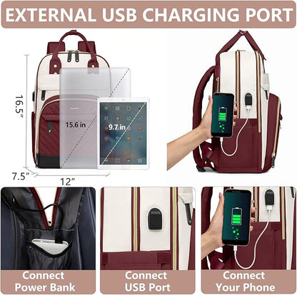 Laptop Backpack for Women Work Bag - 15.6 inch Travel Backpack Purse with USB Charger College Bookbag Waterproof Cute Casual Daypack Business Computer Backpacks for Teacher Nurse Beige Wine Red