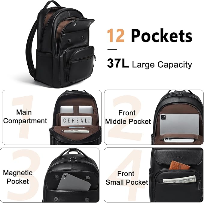 Leresas 37L Backpack Purse for Women Mens Work Travel Teacher Back Pack Laptop Business Vegan Leather Backpack Fashion College Computer Bag Black