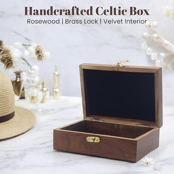 Celtic Cross Wooden Jewelry Box, Rosewood Handmade Engraved Christian Keepsake Storage Chest for Women & Men, Religious Gift Box, Vintage Wooden Treasure Organizer for Jewelry & Decor