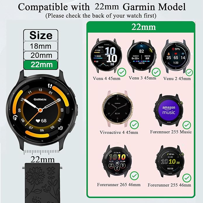 5 Pack Floral Engraved 22mm Watch Bands Compatible with Garmin Venu 3 /Venu 2 / Venu 4 45mm /Vivoactive 4, Soft Silicone Sport Straps for Garmin Forerunner 255/265 Women