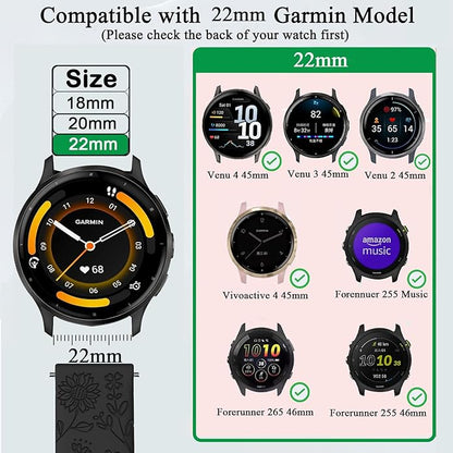 5 Pack Floral Engraved 22mm Watch Bands Compatible with Garmin Venu 3 /Venu 2 / Venu 4 45mm /Vivoactive 4, Soft Silicone Sport Straps for Garmin Forerunner 255/265 Women