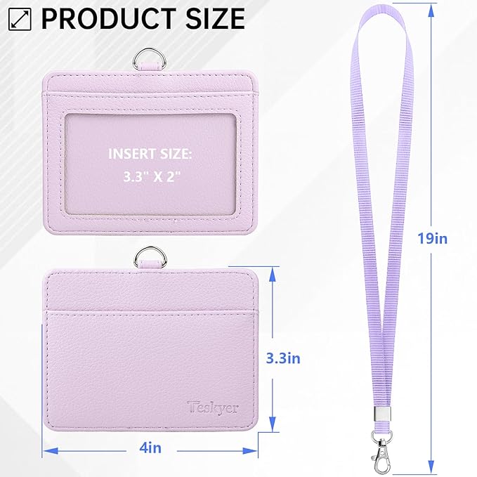 Teskyer Badge Holder with Lanyard, Leather ID Name Badge Card Holder with Lanyard for ID Badges, Horizontal, Lychee Pattern Lilac