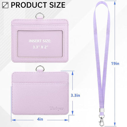 Teskyer Badge Holder with Lanyard, Leather ID Name Badge Card Holder with Lanyard for ID Badges, Horizontal, Lychee Pattern Lilac