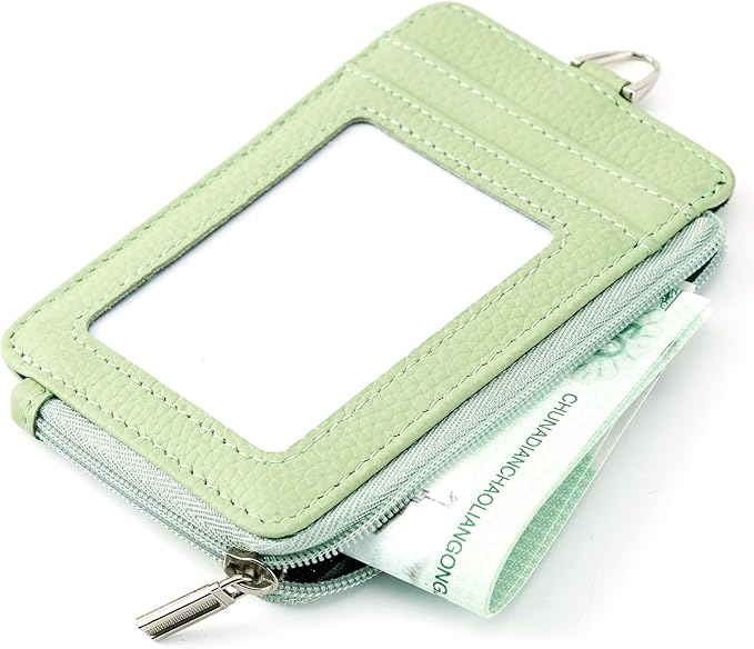 Badge Holder-Genuine Leather ID Badge Holder with Zipper Pocket and Nylon Lanyard – Perfect for Badges, Cards, and More