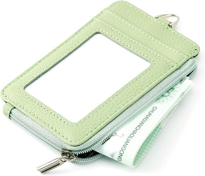 Badge Holder-Genuine Leather ID Badge Holder with Zipper Pocket and Nylon Lanyard – Perfect for Badges, Cards, and More
