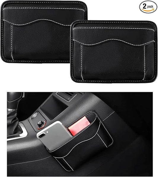 povtii 2 PCS Car Seat Side Pocket Organizer, PU Leather Cell Phone Sunglasses Storage Pocket, Mini Seat Gap Filler Pouch for Auto Seat Door Window Console, Interior Car Accessories (Black)