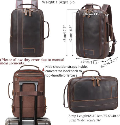 Masa Kawa Leather 15.6" Laptop Backpack for Men Convertible Briefcase Backpacks Expandable Vintage Business Work Travel Rucksack Daypack, Brown