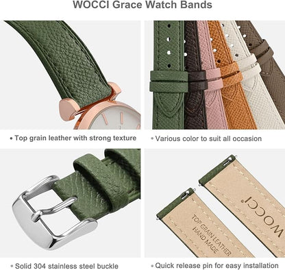 WOCCI 14mm Grace Leather Watch Band for Ladies, Top Grain Leather, Quick Release Replacement Strap with Silver Buckle (Reseda Green)