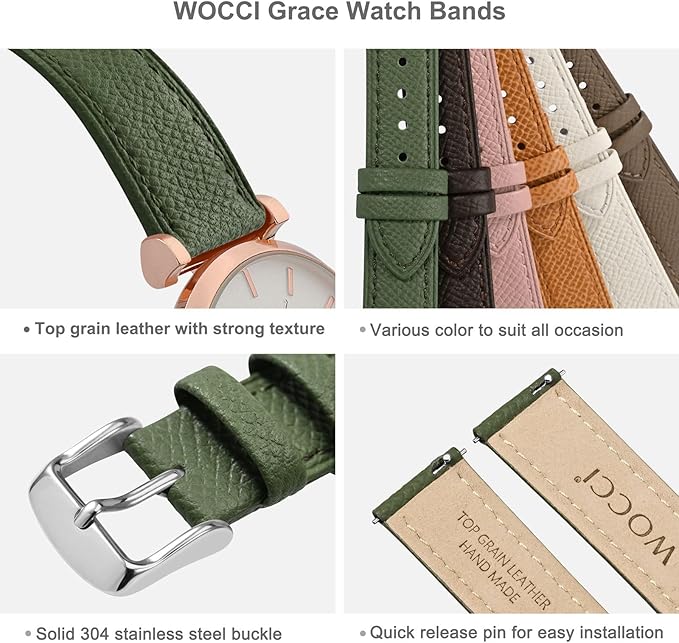 WOCCI 12mm Grace Leather Watch Band for Ladies, Top Grain Leather, Quick Release Replacement Strap with Silver Buckle (Reseda Green)