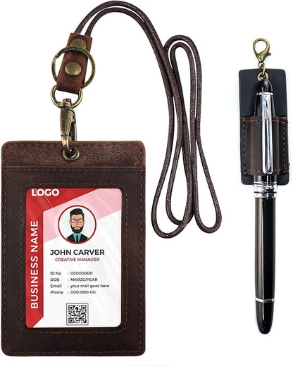 Office Badge Holder - Boshiho Genuine Leather Credit ID Card Holder with Neck Lanyard Pen Clip Vertical Style (Dark Brown)