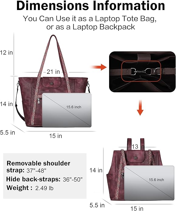 FADEON Large Laptop Tote Bag for Women Designer Leather Laptop Bag Fashion Travel Backpack Purse Shoulder Handbag