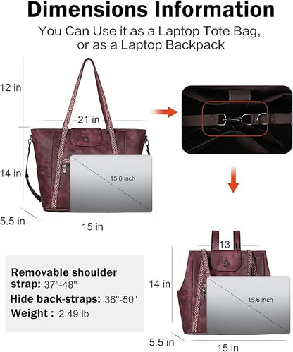 FADEON Large Laptop Tote Bag for Women Designer Leather Laptop Bag Fashion Travel Backpack Purse Shoulder Handbag