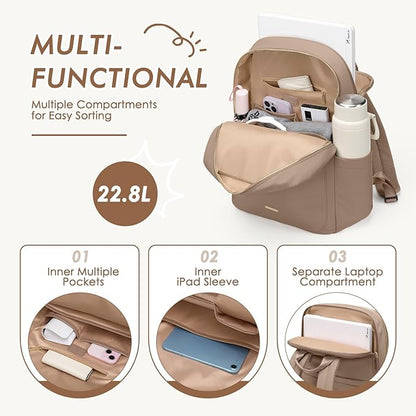 Laptop Backpack for Women,Casual Work Business Backpacks Purse Carry on Travel Backpack,17.3 Inch,Champagne Brown