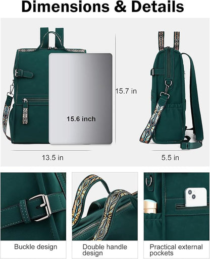 FADEON Leather Laptop Backpack for Women, Designer Ladies Work Travel Computer Backpack with Laptop Compartment Suede Green