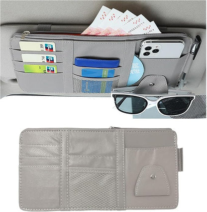 Ohleats Car Sun Visor Organizer, Multifunctional Visor Storage Holder for License Pen Key, Leather Card Cash Pouch with Multi-Pocket Net Zipper, Universal Interior Car Accessories (Gray)