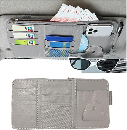 Ohleats Car Sun Visor Organizer, Multifunctional Visor Storage Holder for License Pen Key, Leather Card Cash Pouch with Multi-Pocket Net Zipper, Universal Interior Car Accessories (Gray)