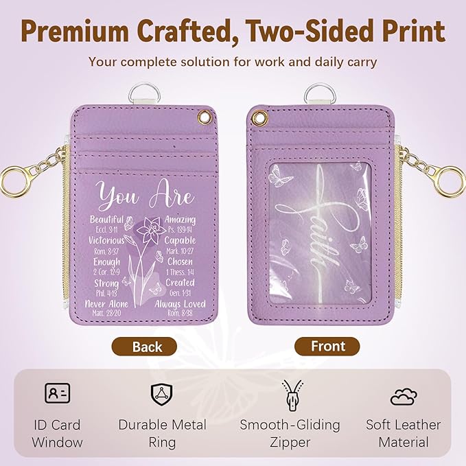 Christian Leather Badge Holder with Zipper Pocket, Purple Christ Work Lanyards and 1 Zip Pocket, 4 Card Slots, Breakaway Lanyards with Metal Clasp for Offices, Adult, Employees