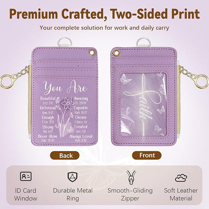 Christian Leather Badge Holder with Zipper Pocket, Purple Christ Work Lanyards and 1 Zip Pocket, 4 Card Slots, Breakaway Lanyards with Metal Clasp for Offices, Adult, Employees